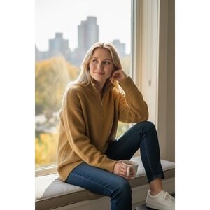 Lillusory Mock Neck‎ Quarter Zip Sweater Camel Textured Knit Cozy Medium